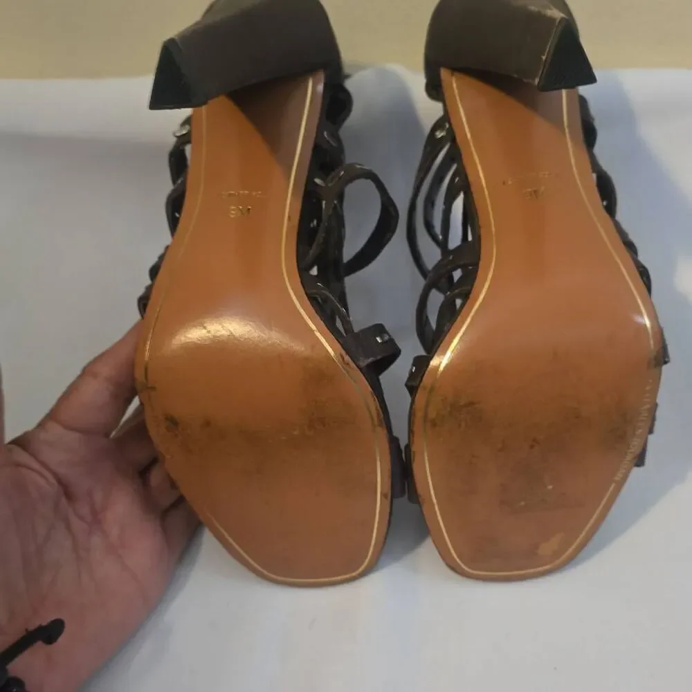 Charles Jourdan Brownish Gray Leather Sandals w/Heels, Flat Studs, Size 9, NEW